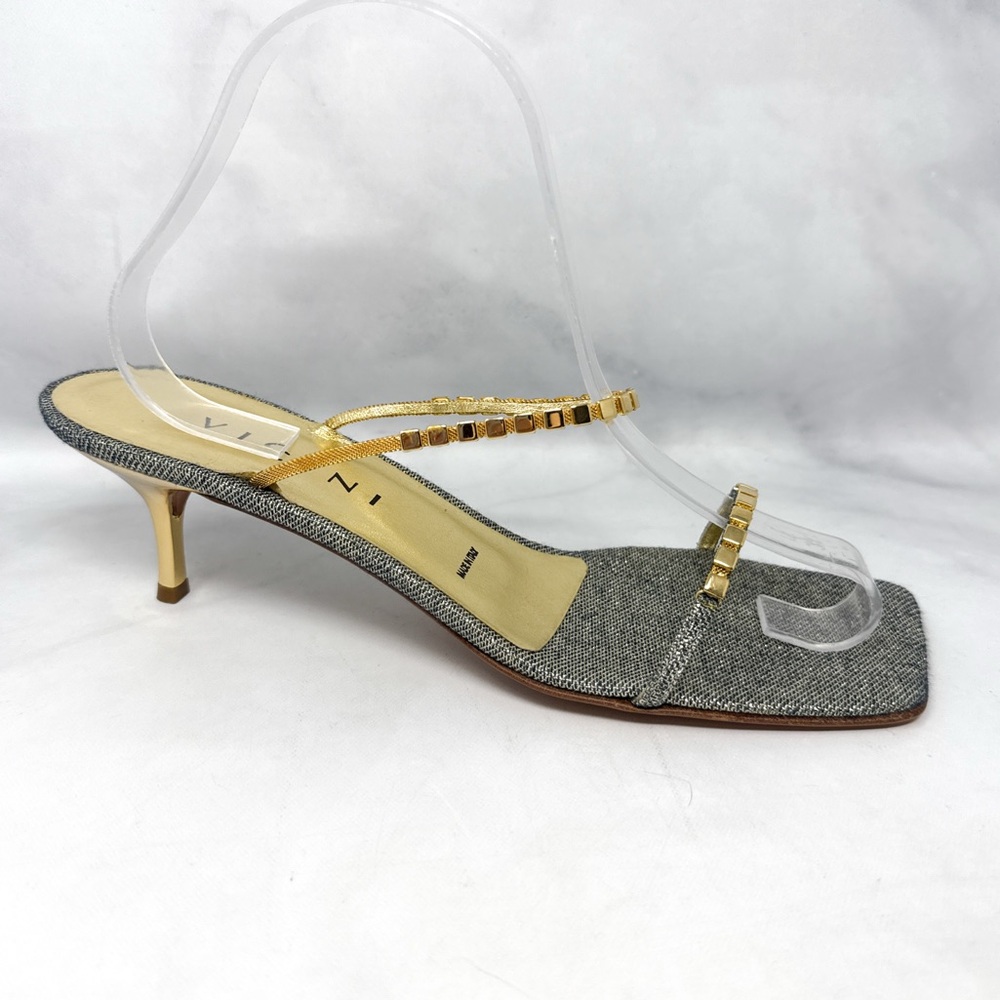 NEW Vicini by Giuseppe Zanotti Glitter Denim Low Kitten Heel Mule Sandal Gold 40